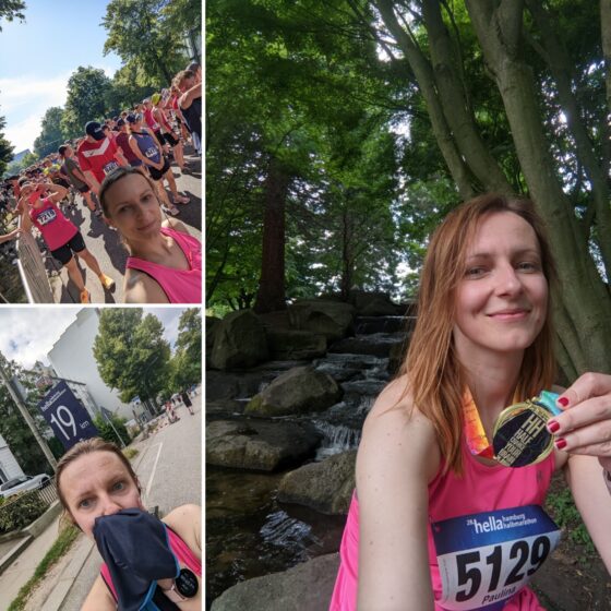 3 pictures of me before, during and after the half-marathon