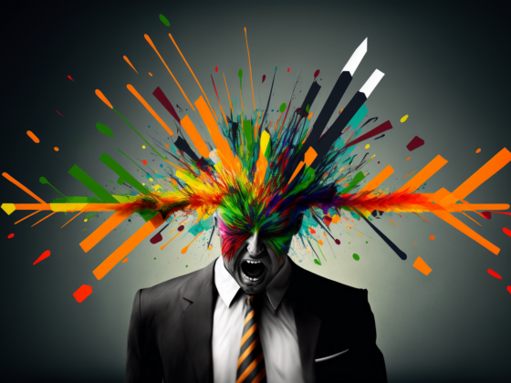 Upper body silhouette of a man in black suite, white shirt and black-orange tie, screaming. His head explodes in arrow-like forms